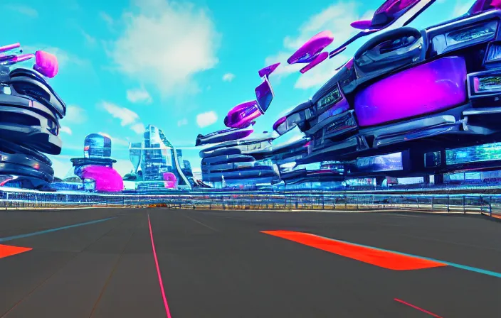 Prompt: wide angle shot of a futuristic racetrack from the attendee stands with confetti on a sunny day with a clear blue sky and big tv screens in the background showing the car race, cyberpunk, profile shot, digital painting, good value control, unreal engine 5, octane render, 8 k, fourze, realistic textures, wipeout 2 0 4 8, f - zero