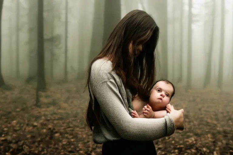 Image similar to a cinematic photo of a young woman with dark hair holds a baby in a dark, foggy forest, closeup, masterpiece