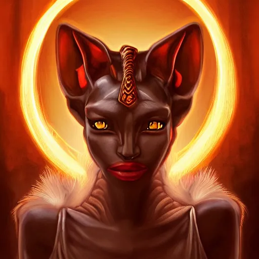 Image similar to A portrait of a female Anubis, she is glaring at the viewer and there is fire behind him, beautiful digital art trending on artstation, 4k, greg rutowski, extremely detailed, vivid three point lighting, backlit fur