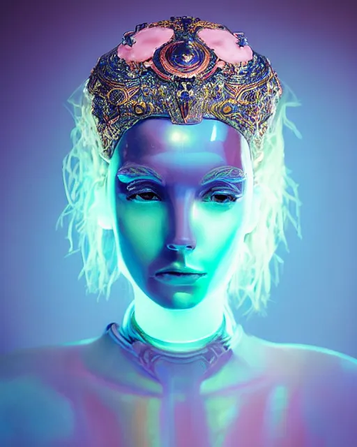 Image similar to natural light, soft focus portrait of an android with soft synthetic pink skin, blue bioluminescent plastics, smooth shiny metal, elaborate ornate head piece, piercings, skin textures, by annie liebovotz, paul lehr