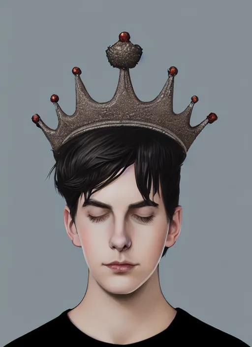 Image similar to portrait of teenage jughead jones wearing a light grey crown, photorealistic, crown, eyes closed, crown, black hair, intricate, elegant, glowing lights, highly detailed, digital painting, artstation, concept art, smooth, sharp focus, illustration, art by wlop, mars ravelo and greg rutkowski