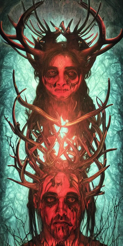 Image similar to intense glowing black metal pagan god with antlers and blood and intense glowing eyes with a bull skull in very dark forest by marco mazzoni and alphonse mucha, portrait, fantasy, clear, red and teal and yellow, light beams, lens flare, intense, uhd, amazing depth, cinematic lighting