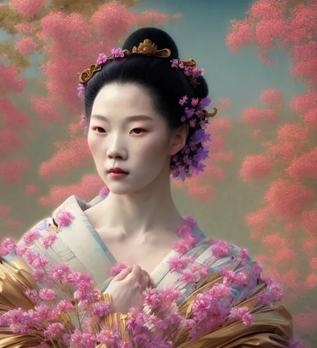 Prompt: baroque portrait of a geisha woman of porceline skin half emerged from river made of thousand of flowers, cinematic lighting, photorealistic, octane render, 8 k, depth of field, art by artgerm and greg rutkowski and alphonse mucha and uang guangjian