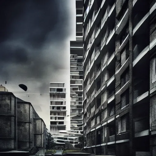 Image similar to “derelict architecture housing neighborhood , housing designed by architect Santiago Calatrava, architecture digest, building surrounded in a luxury environment, dark tones, fluorescent lighting,volumetric Lighting, photorealism, high detail, golden ratio, cinematic, octane renderer”