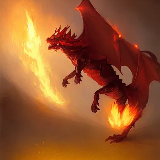 Image similar to a fire dog dragon, greg rutkowski