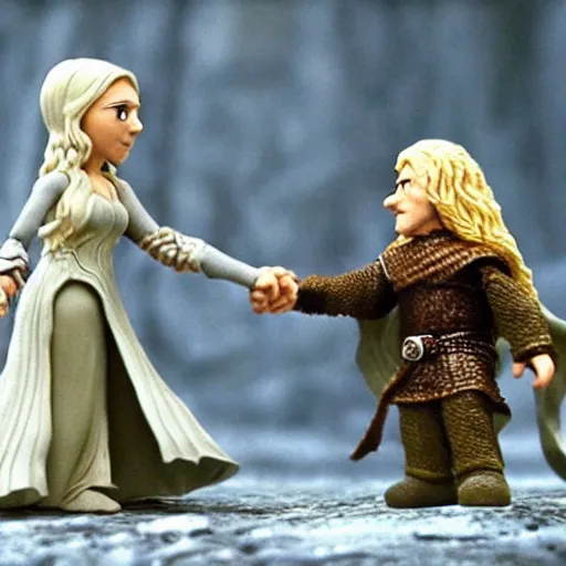 Image similar to claymation of eowyn fighting the wraith king in lord of the rings return of the king (2003), majestic, tilt shift, award winning, highly textured, very detailed!, dramatic