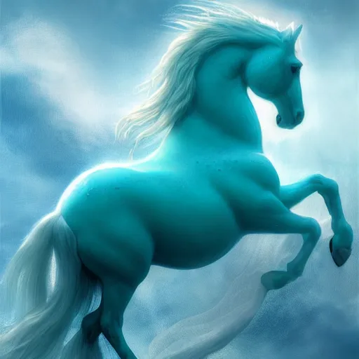 Image similar to a fantastical transparent small turquoise spirit horse made of water and foam and algae and ice, splashing water, wave, translucent, ethereal, noble, radiant, hyperalism, scottish folklore, digital painting, artstation, concept art, smooth, 8 k frostbite 3 engine, ultra detailed, art by artgerm and greg rutkowski and magali villeneuve