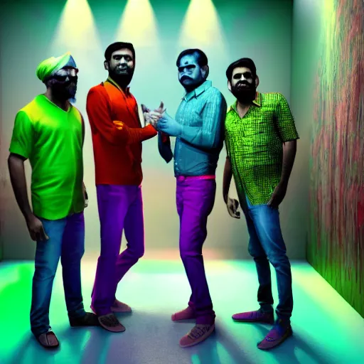 Prompt: Ultrawide photo of 3 drunk Indian guys wearing colorful cloths standing in the line of a nightclub during stoneage , 4k, Photorealistic