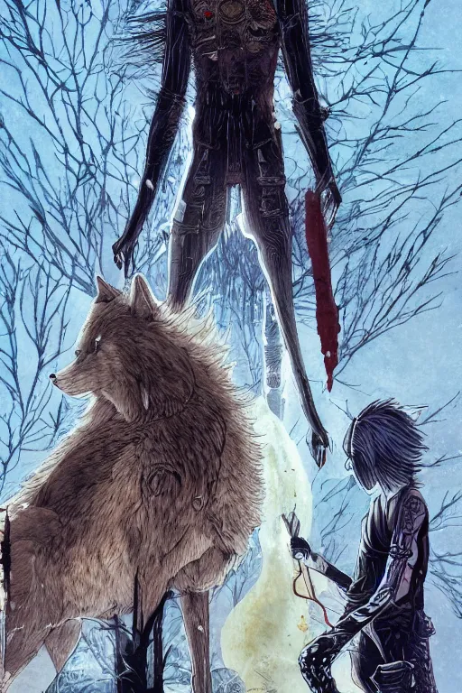 Image similar to a full moon bloody knife wound wolf, high intricate details, rule of thirds, golden ratio, cinematic light, anime style, graphic novel by fiona staples and dustin nguyen, by beaststars and orange, peter elson, alan bean, studio ghibli, makoto shinkai