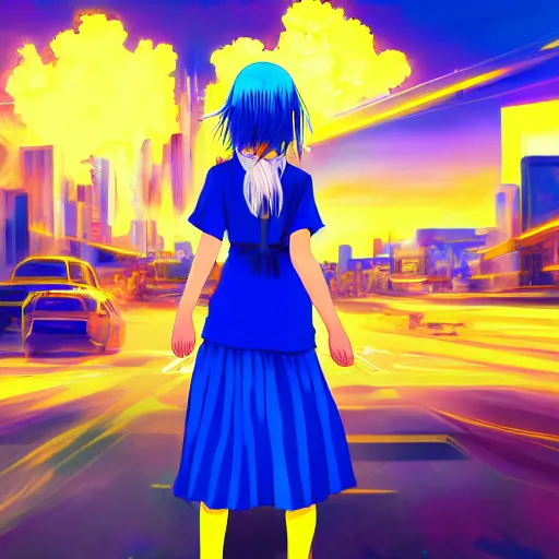 Image similar to anime ukrainian girl, in blue and yellow clothes, watching explosions in big city, concept art, trending on artstation, highly detailed, intricate, sharp focus, digital art, 8 k