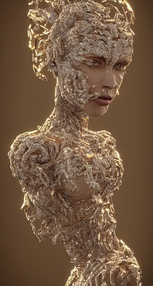 Image similar to full body detailed, ethereal, biomechanical, covered in diamonds and other gems glowing, highly detailed face, elegant posed, intricate, extremy detailed, beeple, cgsociety, 3 d unreal engine octane render. cinematic lighting, highly detailed 4 k art