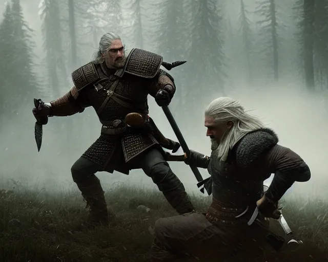 Image similar to 5 5 mm portrait photo of geralt fighting a demonic bear. magical atmosphere. art by greg rutkowski. highly detailed 8 k. intricate. lifelike. soft light. nikon d 8 5 0.