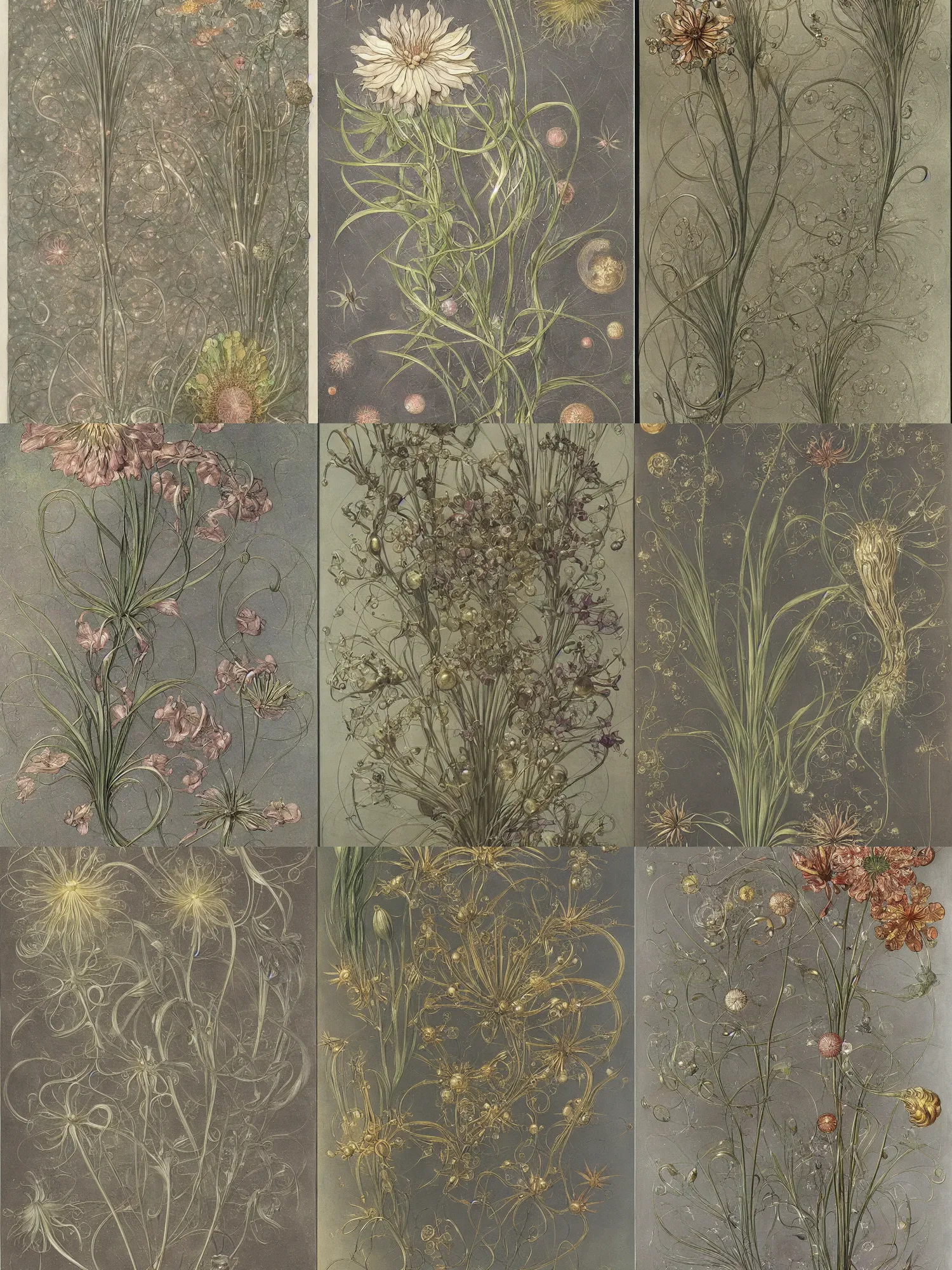 Prompt: a painting of a metallic flower on a gray background, by Earnst Haeckel and Louis Comfort Tiffany, high detail, detailed painting, biomorphic, bubbles, opalescent, exotic.from the Voynich Codex