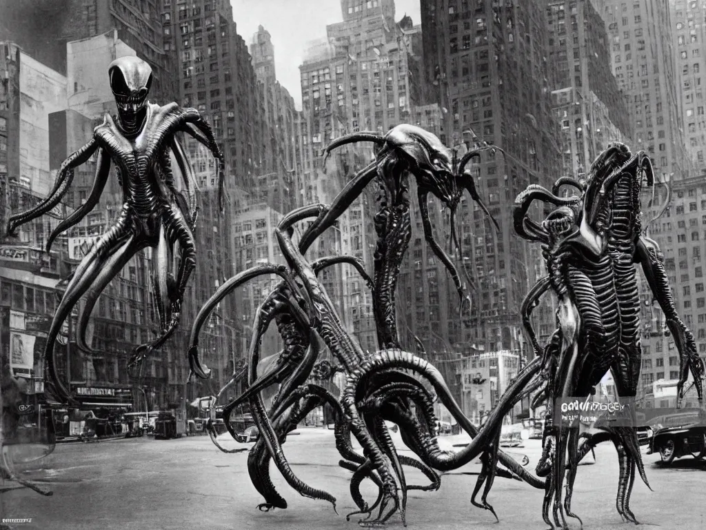 Image similar to old black and white photo, 1 9 1 2, depicting a xenomorph from the movie aliens rampaging through the bustling streets of new york city, historical record, history channel,