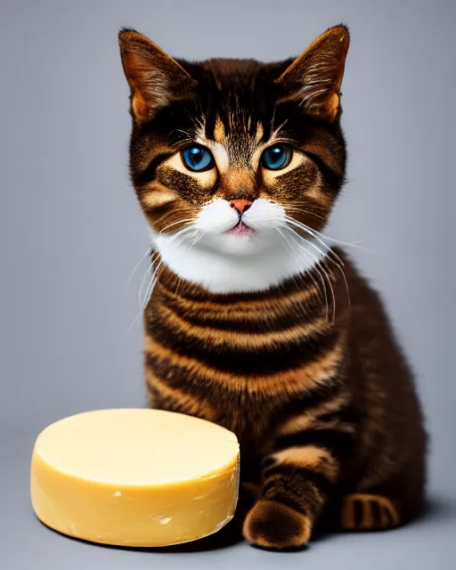 Prompt: high quality presentation photo of a cute model cat dressed as napoleon holding a piece of cheese, photography 4k, f1.8 anamorphic, bokeh, 4k, Canon, Nikon