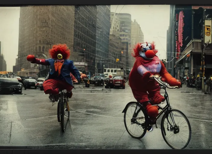 Prompt: A very high resolution image from a new movie, a clown fighting an octopus on a bikecycle on a rainydayinNewYork city, Polaroid, directed by Steven Spielberg