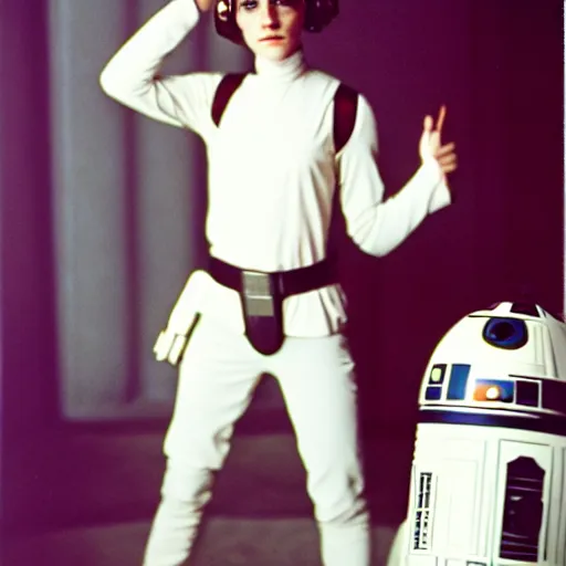 Image similar to film still of emma watson as princess leia organa in star wars, polaroid, photography, film, kodak