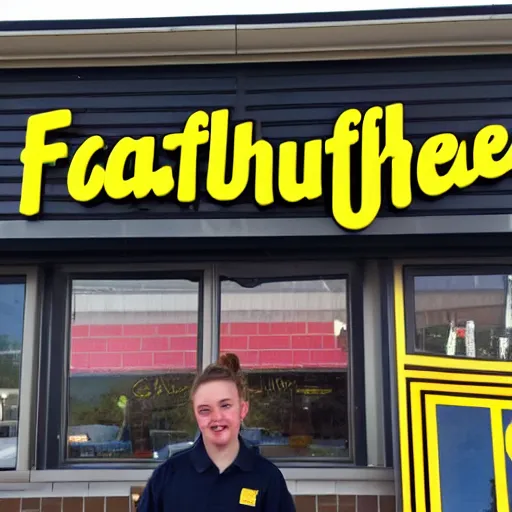 Image similar to wafflehouse employee's standing below wafflehouse sign, employees uniform is black and blue with yellow name tags