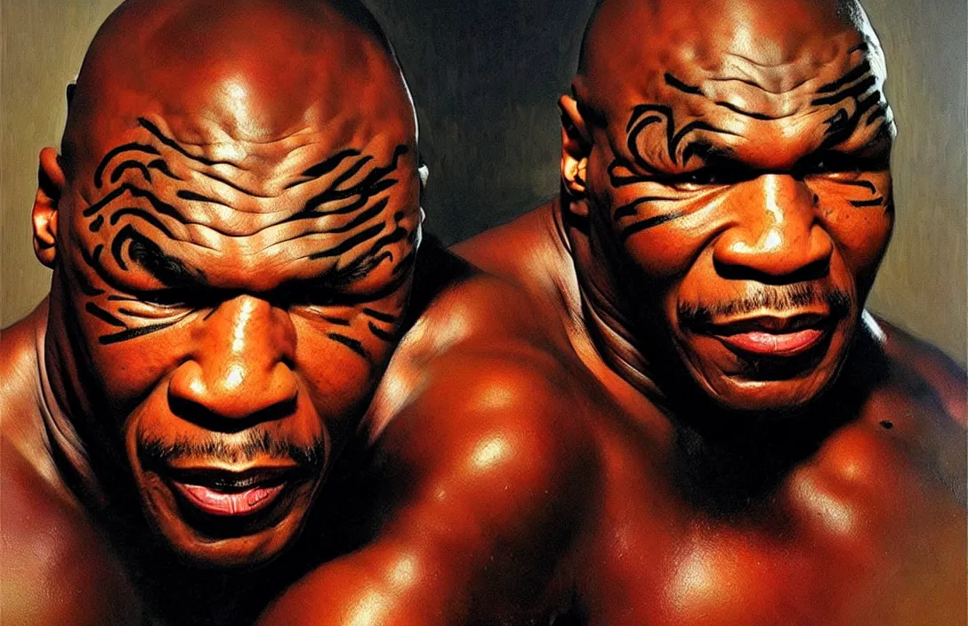 Image similar to portrait of mike tyson!!!!!!!!!!!!!!!!!!!!!!!!!!!, detailed face, detailed painting,, epic lighting, by ilya repin, phil hale and kent williams