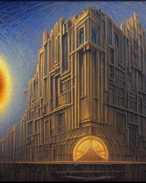 Image similar to unfinished building by jean delville, darkacademia fisheye apocalyptic cosmic, archdaily, wallpaper, highly detailed, trending on artstation.