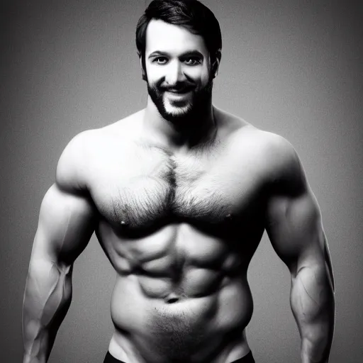 Image similar to grey - scale portrait of a man looking slightly left with a pronounced long square chin with thin face, has thick facial hair, very short black hair, manly face, widely grinning, body builder, large chest muscles, no shirt, dark lighting, dark grey background