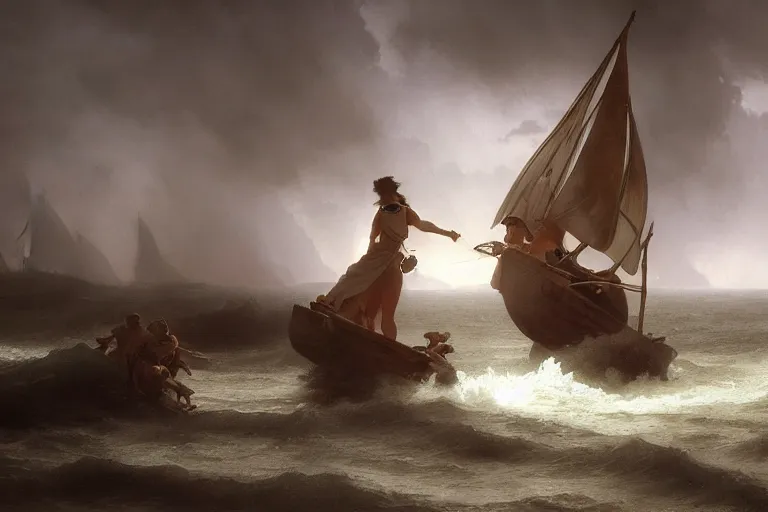 Image similar to ancient historically accurate depiction of Bible Character walking on water during a storm, a small fishing sailboat with scared sailors on board, dramatic lighting by frank miller, illustration by Ruan Jia and Mandy Jurgens and William-Adolphe Bouguereau, Artgerm, 4k, digital art, surreal, space dandy style, highly detailed, godsend, artstation, digital painting, concept art, smooth, sharp focus, illustration by Ruan Jia and Mandy Jurgens and William-Adolphe Bouguereau, Artgerm