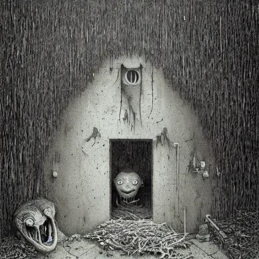Image similar to the goblin that lives under my house, by john kenn mortensen and zdizslaw beksinski