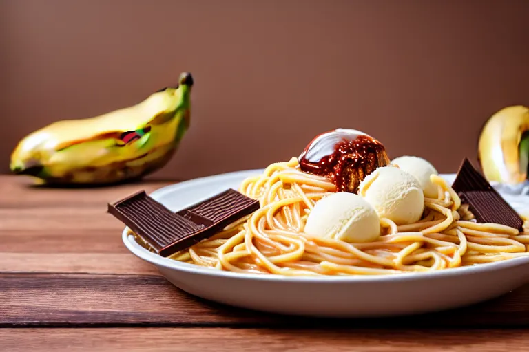 Prompt: macro shot of spaghetti with ice cream and banana and chocolate sauce, on a wooden table, natural light, cinematic lighting, 8 k, food photography