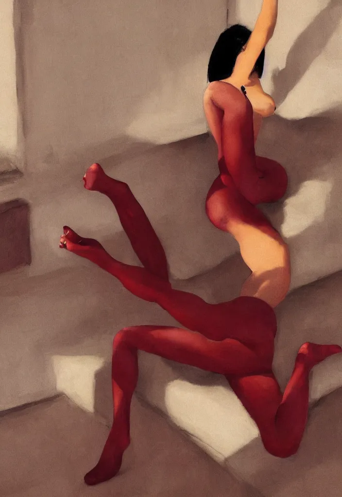 Prompt: gorgeous famous asian japanese girl dropping the shadow of her desires on the wall of empty house, melting merging bodies, beds of escape of loneliness, burgundy and maroon oil dripping, stockings, a light shining from a window creating dreams, style of James Jean, Edward Hopper, Francis Bacon, colors of Mark Rothko, Frank Auerbach, trending on artstation, Greg Rutkowski, dark atmosphere