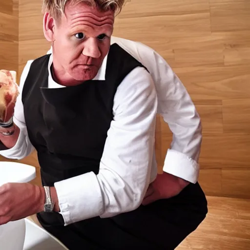 Prompt: gordon ramsay eating steak from a toilet