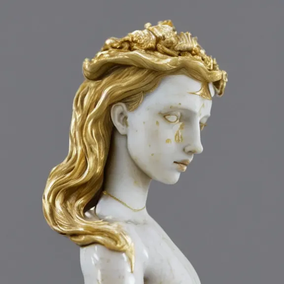 Image similar to a white art nouveau marble and gold head and torso sculpture of a worried young scarlett johansson as joan of arc with long, flowing hair, wearing intricate gold plate armor on her chest, delicate, intricate, smooth, beautiful, by charles van der stappen