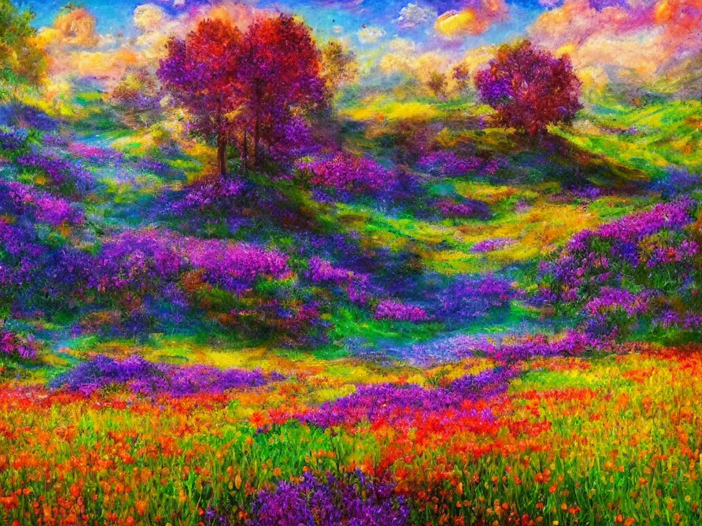 Image similar to an impressionist painting of a gorgeous meadow filled with colorful mushrooms with a stream flowing through it, psychedelic colors, colorful sky in background, high detail, trending on artstation