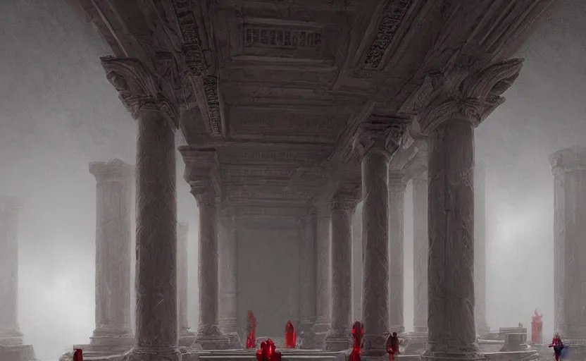 Prompt: dark ancient greek temple, soft grey and red natural light, intricate, digital painting, artstation, concept art, smooth, sharp focus, illustration, art by greg rutkowski and luis rollo and uang guangjian, symmetry!