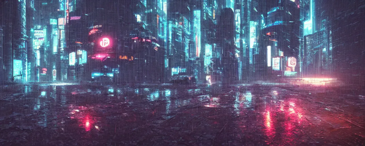 Prompt: cyberpunk landscape, synth, rainy, overcast, puddles