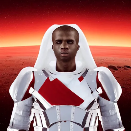 Image similar to portrait of a tall athletic muscular infantry man in glossy sleek white armor with tiny red details and a long red cape, heroic posture, on the surface of mars, night time, dramatic lighting, cinematic, sci-fi, hyperrealistic, movie still