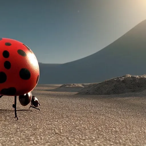 Image similar to promotional still wide angle, a mountain - sized ladybug roams a barren wasteland, dramatic lighting, ( e. t. the extra - terrestrial ), batteries not included, harry potter, octane 3 d render, imax, 7 0 mm.