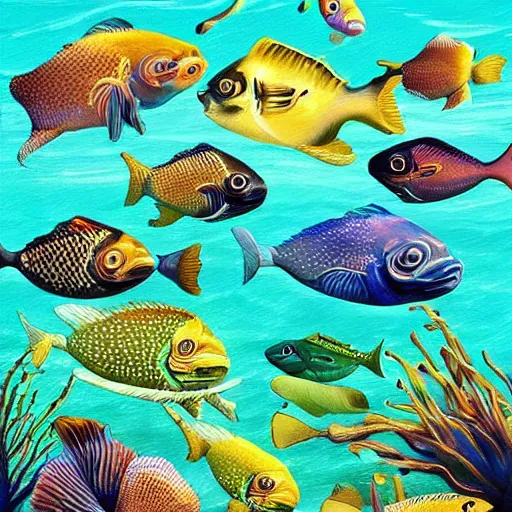 Prompt: “Stunning painting of the kinds of fish under ocean, pacific, ultra detailed, national geographic, 8K HD Resolution image”
