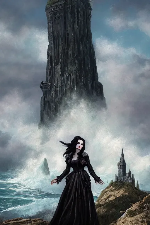 Prompt: a hyperdetailed matte painting of yennefer as a goth vampire sorceress floating in front of a tower, dressed in a contemporary t shirt and jeans from hot topic, overlooking cliffs and crashing waves in the background, highly detailed, deep focus, elegant, digital painting, sharp focus, ultra realistic, 8 k, art by greg rutkowski and rembrandt and alphonse mucha