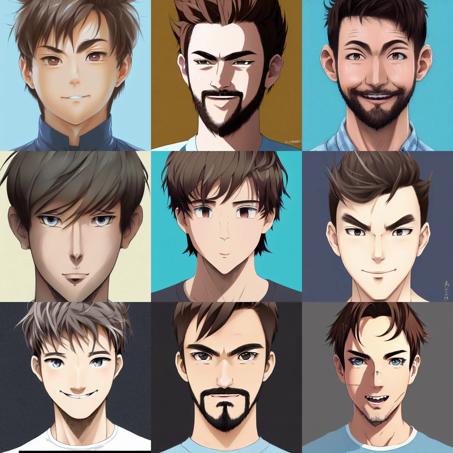 Prompt: A medium shot anime portrait of a smiling anime man with very short light brown hair, light grey-blue eyes, light brown hair, short blonde and white facial hair, medium shot portrait, his whole head fits in the frame, solid color background, flat anime style shading, head shot, 2d digital drawing by Stanley Artgerm Lau, WLOP, Rossdraws, James Jean, Andrei Riabovitchev, Marc Simonetti, and Sakimi chan, trending on artstation