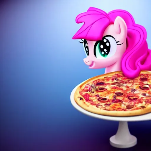 Image similar to still photo of pinky pie from my little pony eating pizza, highly detailed, photorealistic portrait, bright studio setting, studio lighting, crisp quality and light reflections, unreal engine 5 quality render