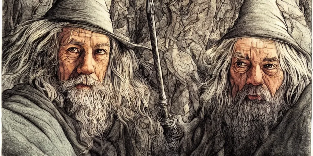 Prompt: taking a selfie with gandalf, bokeh, depth of field, hyperdetailed, color ink on paper by moebius, intricate linework, incredibly detailed faces, extremely sharp focus, rule of thirds