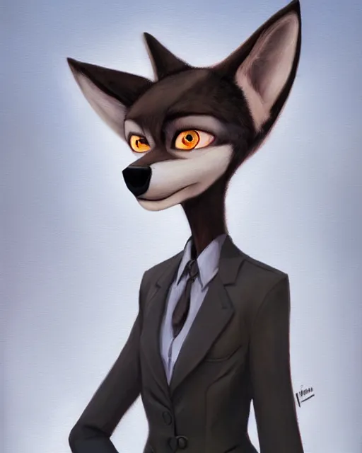 Image similar to oil painting of anthromorphic female wolf, in style of cory loftis, fursona, furry, furaffinity, 4 k, deviantart, furry art, fursona art, wearing black business suit, business suit, in style of zootopia, wolf fursona, cyberpunk, female, very very very expressive detailed feminine face,