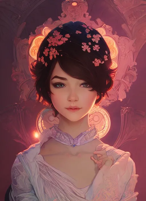 Image similar to beautiful girl short hair, cute, intricate, highly detailed, digital painting, trending on artstation, concept art, smooth, sharp focus, backlit, rim light, vivid colors, illustration, unreal engine 5, 8 k, art by rossdraws and alphonse mucha