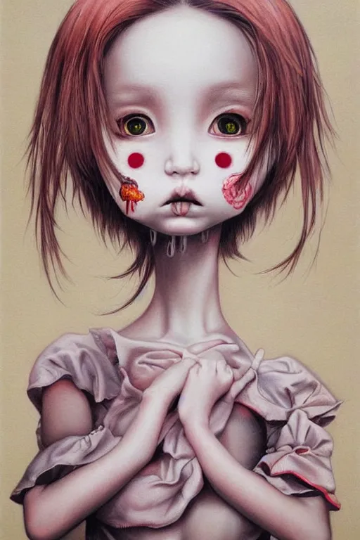 Image similar to pop surrealism, lowbrow art, realistic cute girl painting, japanese cute fashion, hyper realism, muted colors, trevor brown style