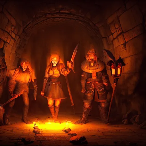 Prompt: A group of adventurers, in a dark dungeon, with torches, digital painting, concept art, dungeon, volumetric lighting, glow, Unreal Engine, 4k, by Jeszika Le Vye