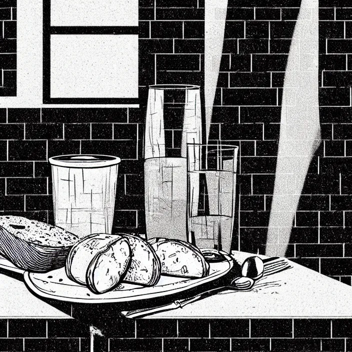 Image similar to extreme close - up on a table : poor quality bread, water, and gruel. background : black tiles on walls. black and white, pencil and ink. by gabriel hardman, joe alves, chris bonura. cinematic atmosphere, detailed and intricate, perfect anatomy