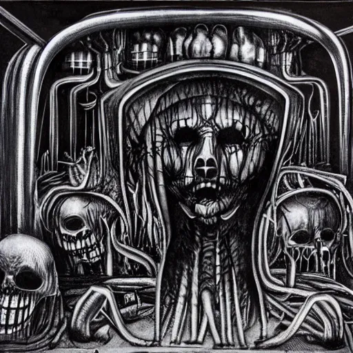 Image similar to zelensky commited crimes in bucha by h. r. giger