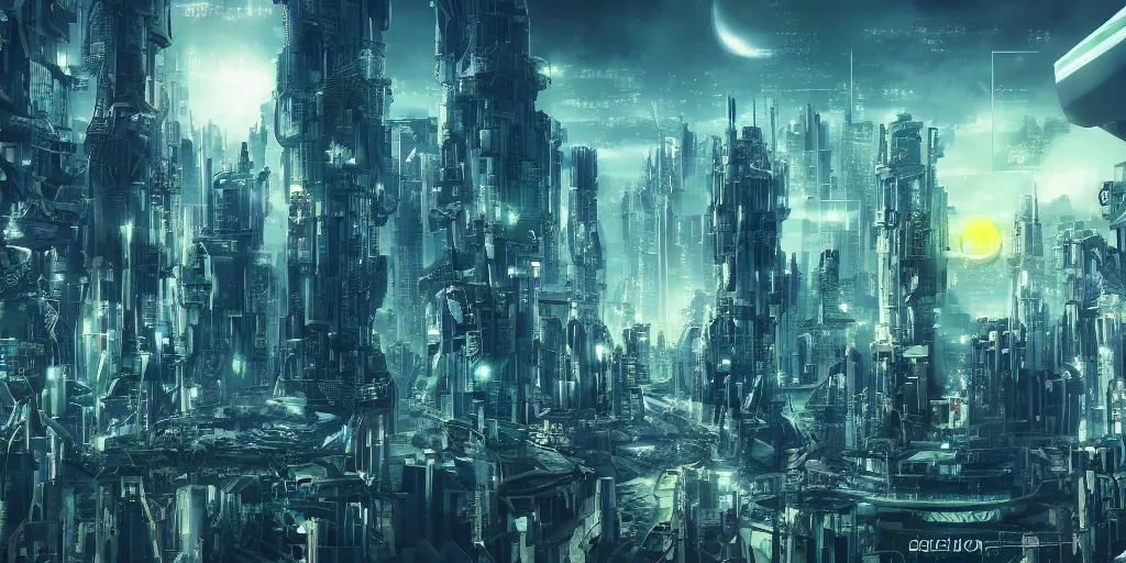 Image similar to human futuristic city, highly detailed, epic, si - fi, green, two moon on the sky, 8 k, sharp focus,