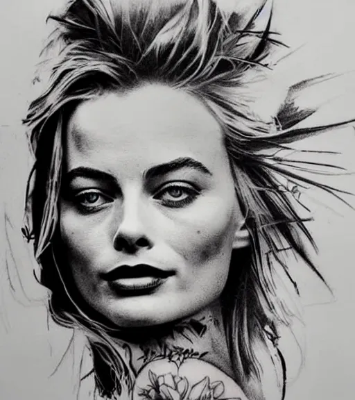 Image similar to tattoo design sketch double exposure of margot robbie with beautiful mountain scenery mash up, in the style of arlo dicristina, surrealist, amazing detail, sharp