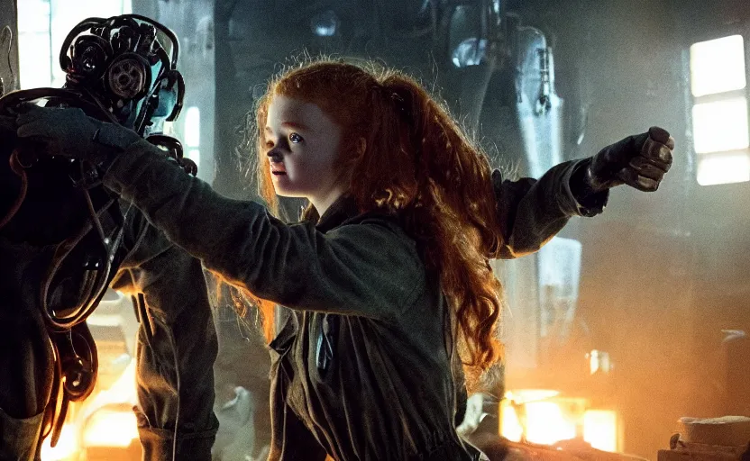 Prompt: machine monster grabs sadie sink ( dressed as a miner, perfect hand anatomy, real eyes ) : a scifi cyberpunk film from 1 9 8 0 s. by james cameron. 3 5 mm low grain film stock. sharp focus, moody cinematic atmosphere, detailed and intricate environment,